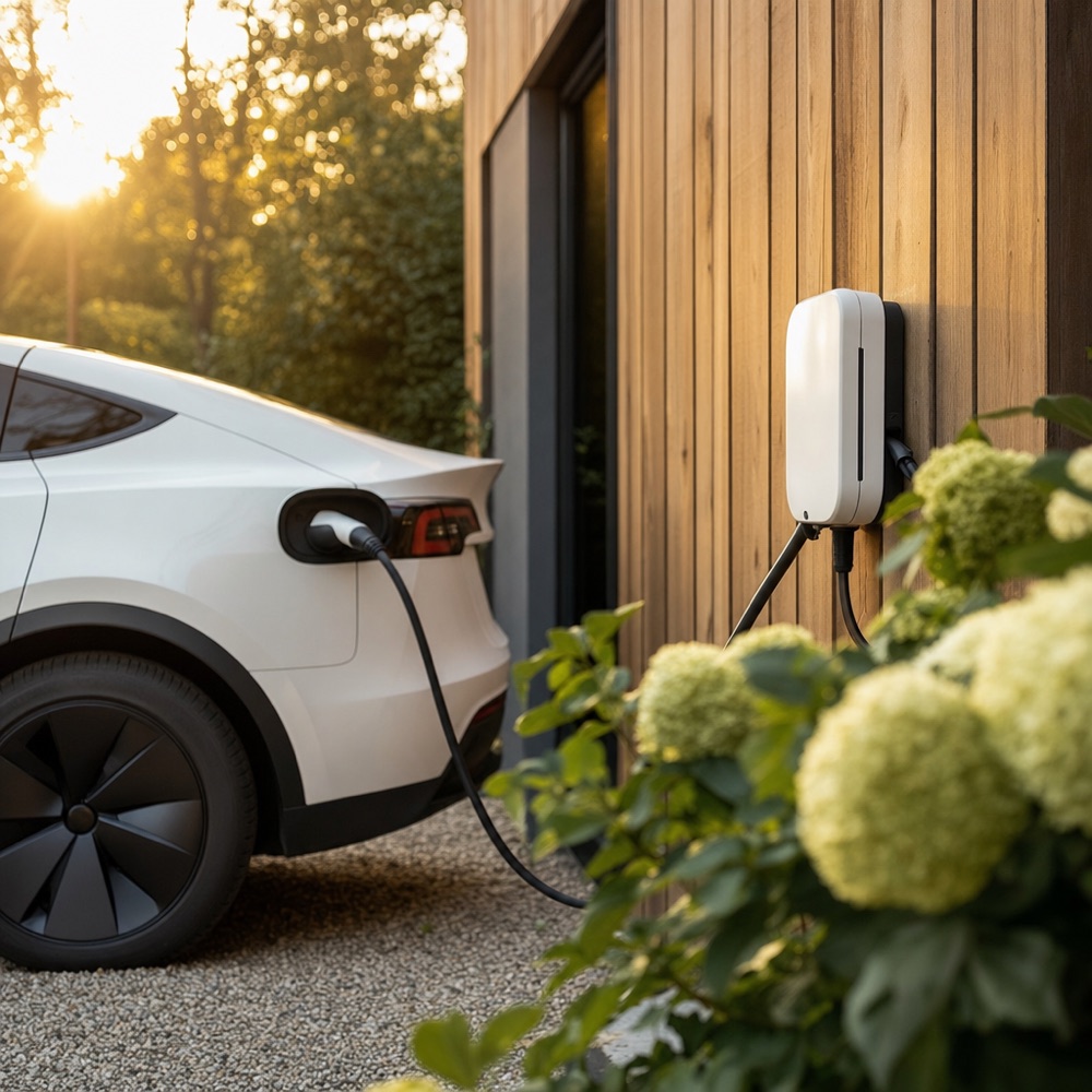 Elektrische auto laadt thuis op aan een wandlaadpaal bij een Nederlandse woning, in warm avondlicht.