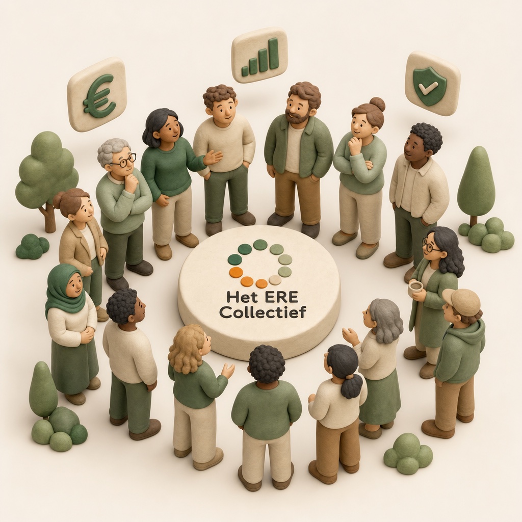 Een groep thuisladers rond het podium van Het ERE Collectief.