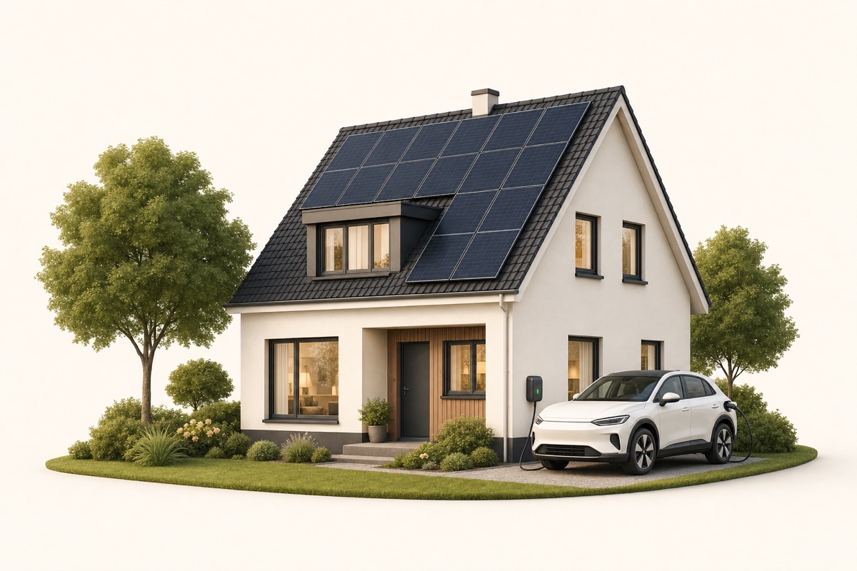 Een huis met zonnepanelen op het dak en een witte elektrische auto aan de thuislaadpaal ervoor.