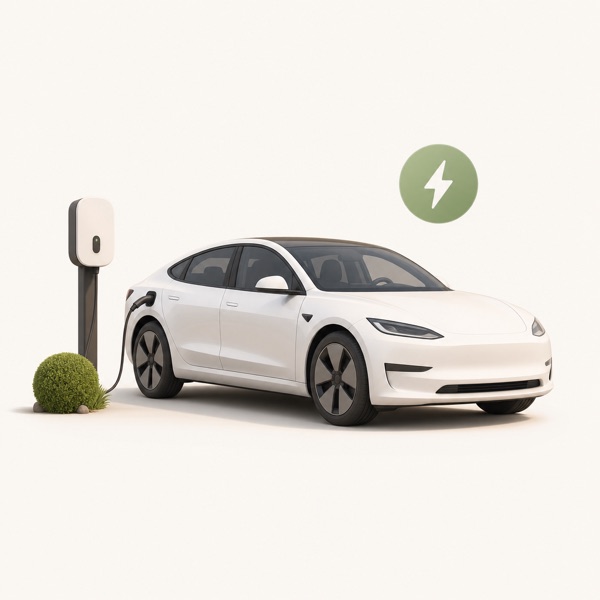 Witte elektrische auto aan een thuislaadpaal met een groen laad-icoon.